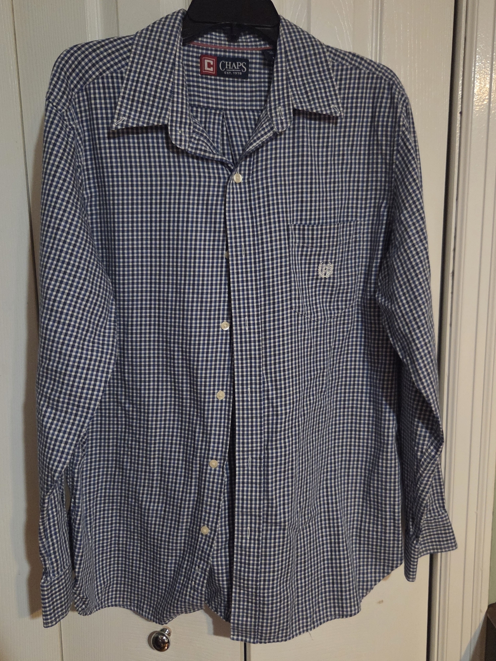 Chaps Men L Blue Gingham Plaid Button Down Shirt Long Sleeve 100% Cotton